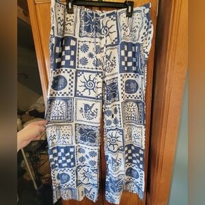 Blue and White Graphic Patchwork Palazzo Pants